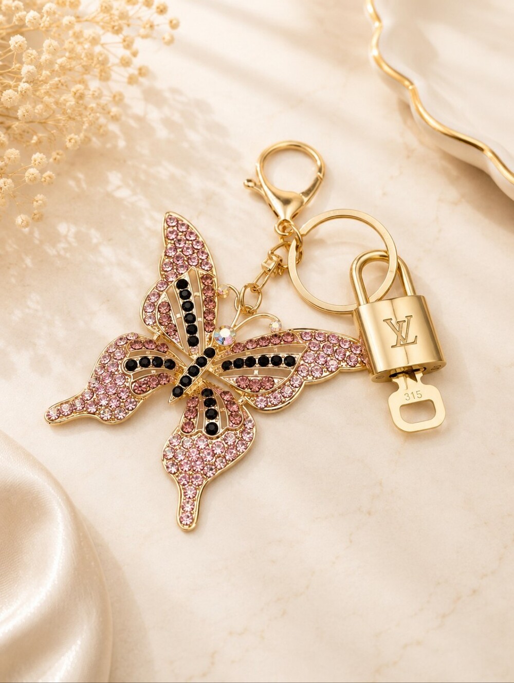 LV Authentic Gold Padlock 🔒 Key Set w/ Unbranded Keychain Butterfly Charm